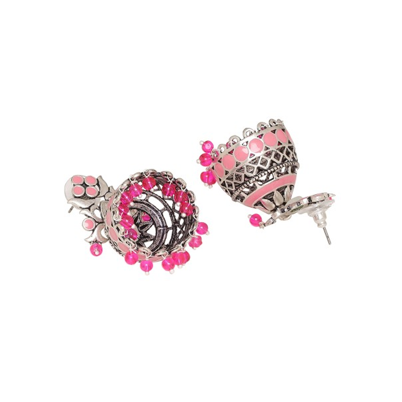 Oxidised Silver-Plated & Pink Dome Shaped Jhumkas