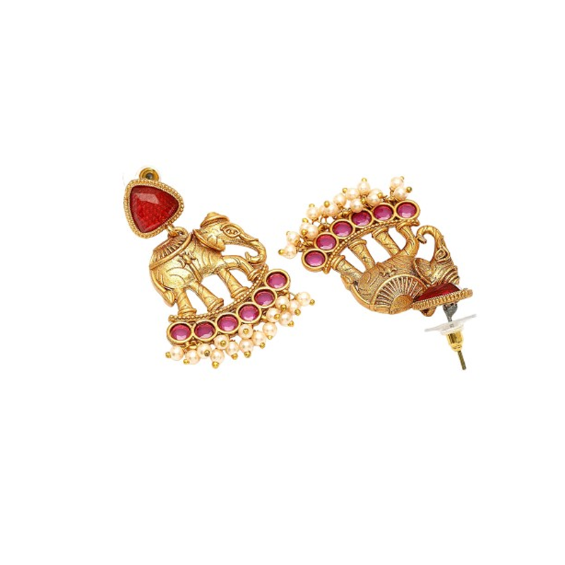 Gold-Plated Kundan Studded Contemporary Antique Drop Earrings