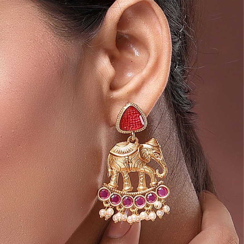 Gold-Plated Kundan Studded Contemporary Antique Drop Earrings