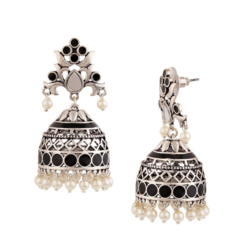 Silver-Plated Oxidized Geometric Jhumkas Earrings